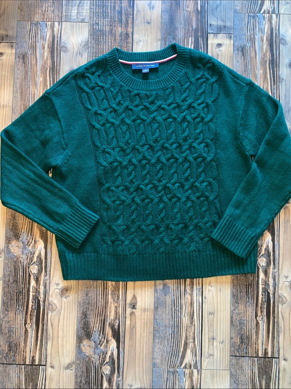Tommy Hilfiger Emerald Green Cable Knit Crewneck Sweater